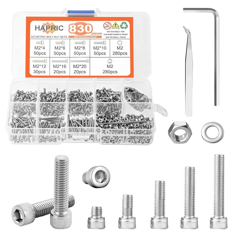 Hapric 830 Pcs M2 Screws Assortment Kit Metric Nuts and Bolts M2*4mm/6mm/8mm/10mm/12mm/16mm/20mm Metric Machine Screw Kit, 304 Stainless Steel Hex Socket Head Screws Nuts Bolts and Washers Set - Image 1
